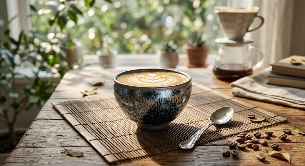 Close-up of a dark metallic Jian Zhan cup filled with coffee and an intricate rosetta latte art, resting on a natural bamboo mat with a silver spoon and scattered roasted coffee beans in a serene, sunlit morning room with window plants.