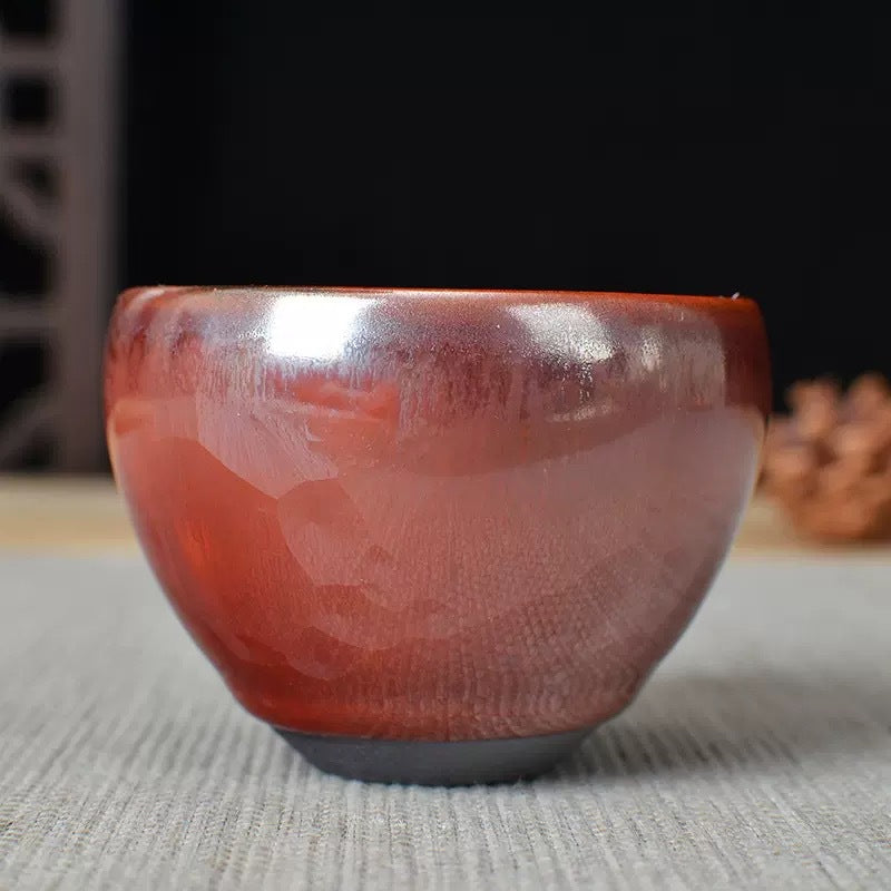 Wood-Fired Persimmon Red Convergent Mouth Tenmoku Tea Cup 3